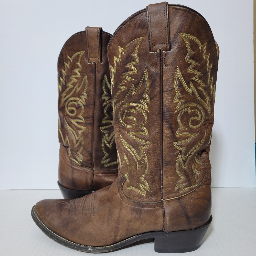 Justin Cowboy Boots Brown Leather Western Stitching Pointed Toe Mens 11.5 D 1478
